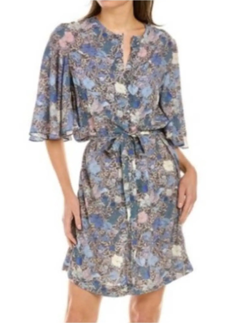 Zadig & Voltaire XS Floral Viscose Dress Crystal Button Flutter Sleeve